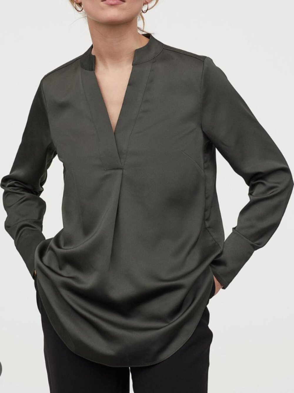H&M Satin Tunic Top Blouse XS Olive Green Business Casual V Neck Workwear